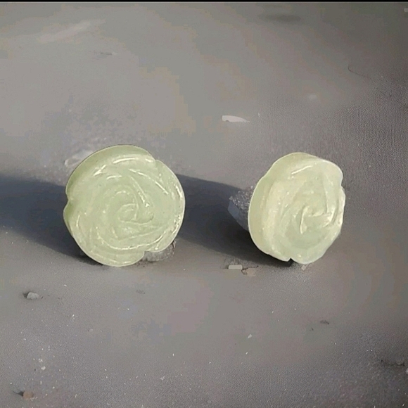 unbranded Jewelry - Green Aventurine Hand Carved Rose Pierced Stud Earrings